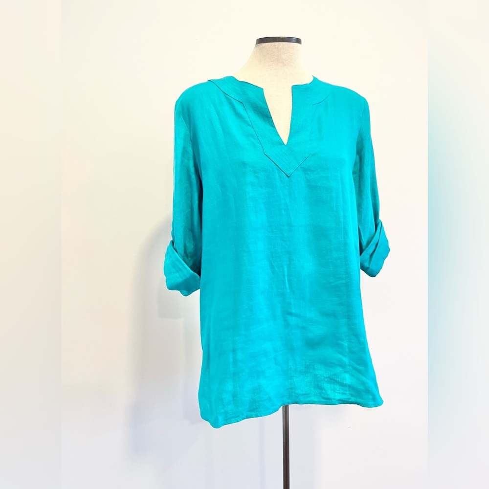 Ralph Lauren Turquoise Linen Blouse V neck Tunic Beach Resort wear Classic Prep - Picture 6 of 9